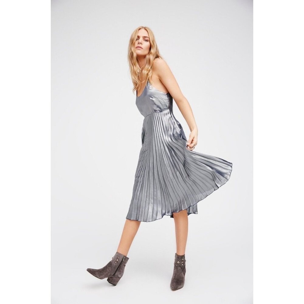 FREE PEOPLE~MERMAID METALLIC SPAGHETTI PLEATED MIDI DRESS BLUE METALLIC SZ 0 NWT